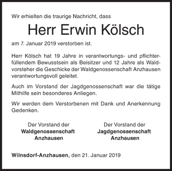 Traueranzeige von Erwin Kölsch von Siegener Zeitung