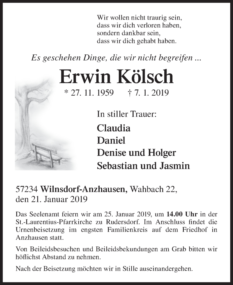  Traueranzeige für Erwin Kölsch vom 21.01.2019 aus Siegener Zeitung