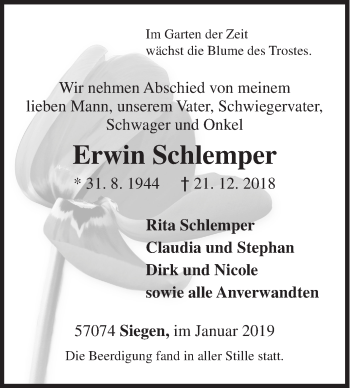 Traueranzeige von Erwin Schlemper von Siegener Zeitung
