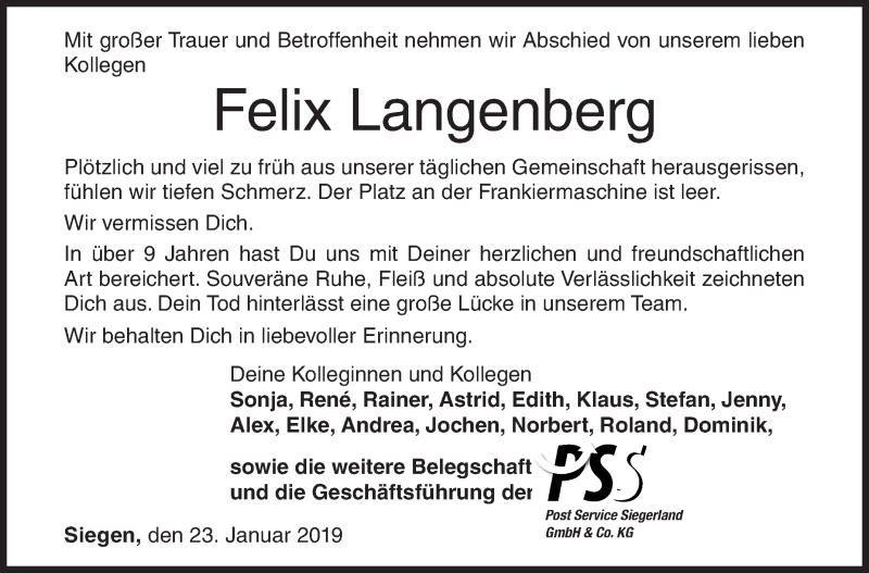  Traueranzeige für Felix Langenberg vom 23.01.2019 aus Siegener Zeitung