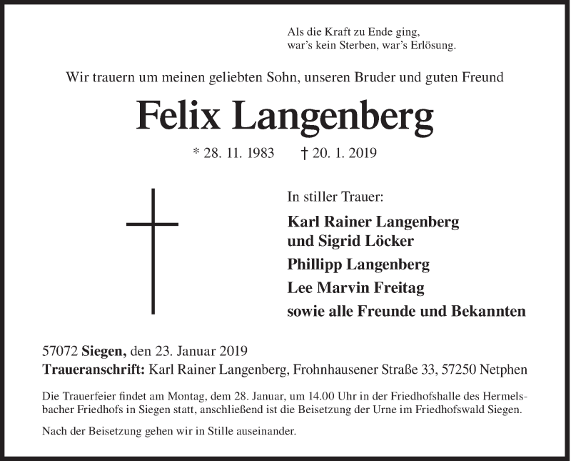  Traueranzeige für Felix Langenberg vom 23.01.2019 aus Siegener Zeitung