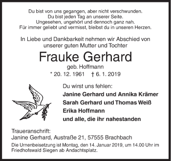 Traueranzeige von Frauke Gerhard von Siegener Zeitung