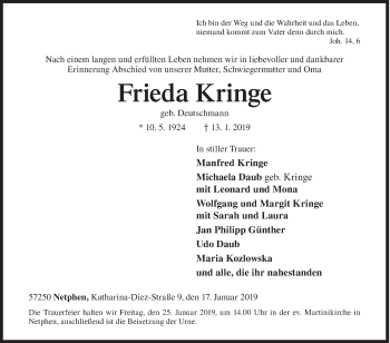 Traueranzeige von Frieda Kringe von Siegener Zeitung