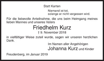 Traueranzeige von Friedhelm Kurz von Siegener Zeitung