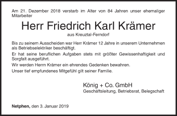 Traueranzeige von Friedrich Karl Krämer von Siegener Zeitung