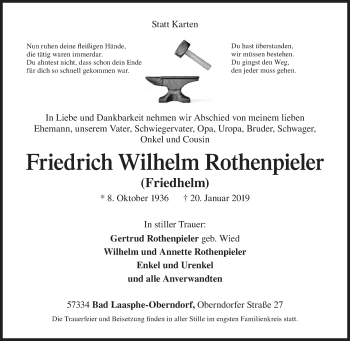 Traueranzeige von Friedrich Wilhelm Rothenpieler von Siegener Zeitung