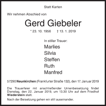 Traueranzeige von Gerd Giebeler von Siegener Zeitung
