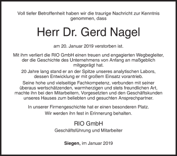 Traueranzeige von Gerd Nagel von Siegener Zeitung