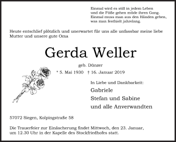 Traueranzeige von Gerda Weller von Siegener Zeitung