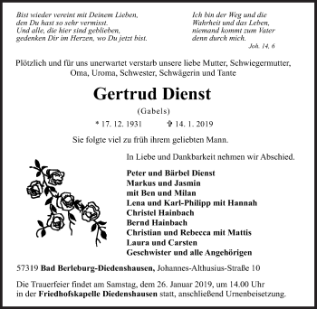 Traueranzeige von Gertrud Dienst von Siegener Zeitung