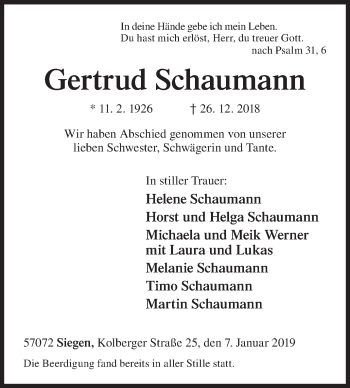 Traueranzeige von Gertrud Schaumann von Siegener Zeitung