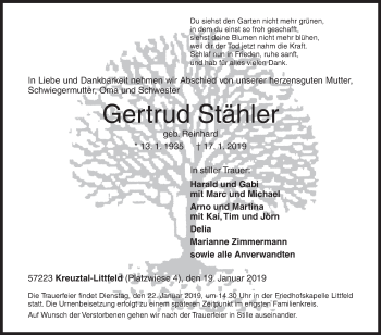Traueranzeige von Gertrud Stähler von Siegener Zeitung