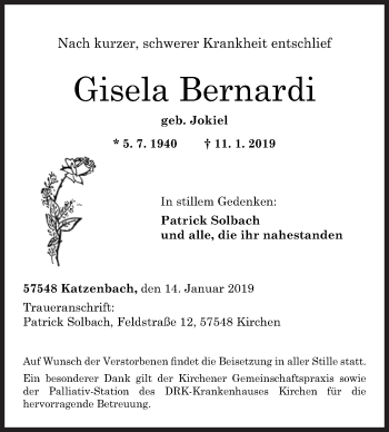 Traueranzeige von Gisela Bernardi von Siegener Zeitung