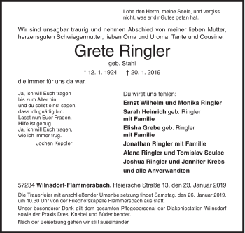 Traueranzeige von Grete Ringler von Siegener Zeitung