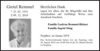 Traueranzeige von Gretel Remmel von Siegener Zeitung