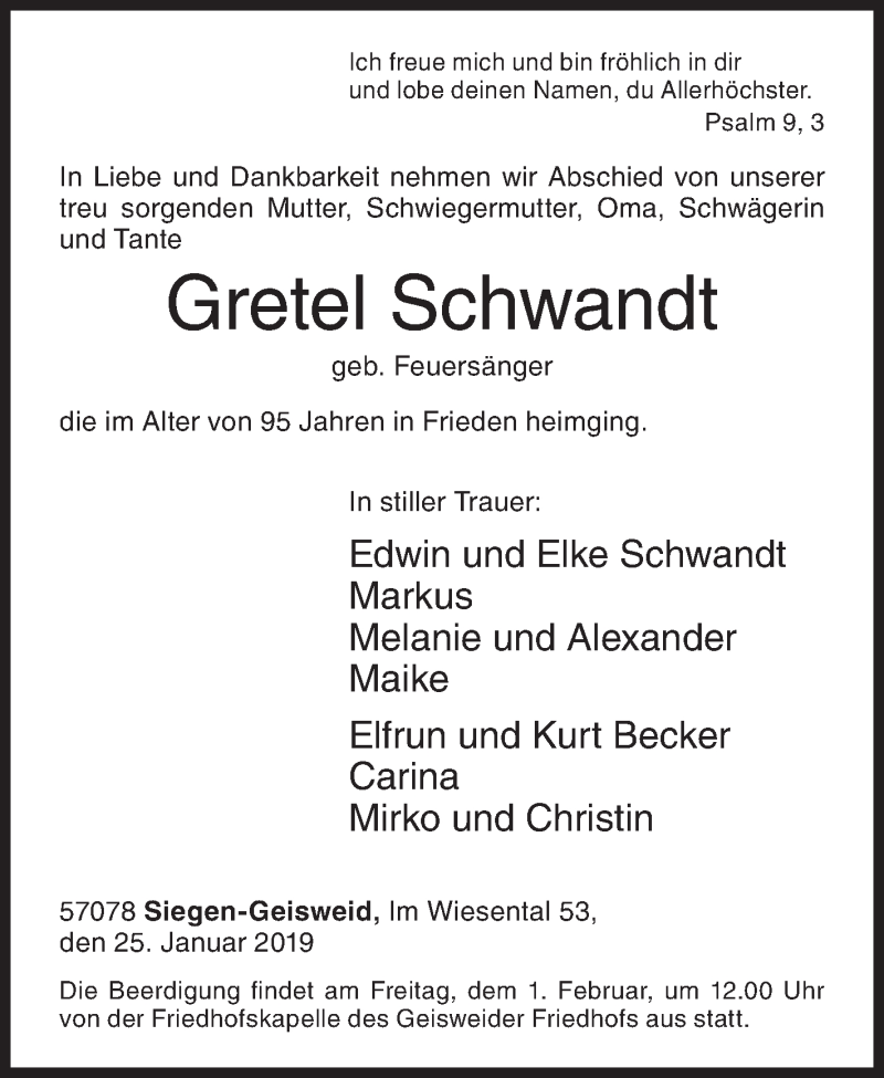  Traueranzeige für Gretel Schwandt vom 29.01.2019 aus Siegener Zeitung