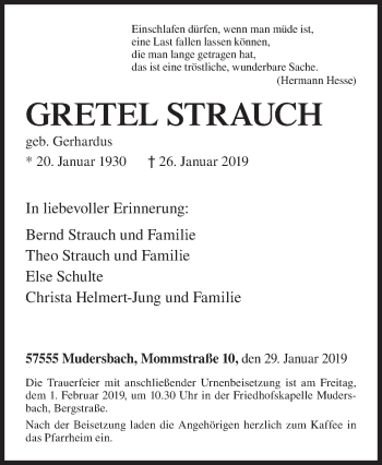 Traueranzeige von Gretel Strauch von Siegener Zeitung