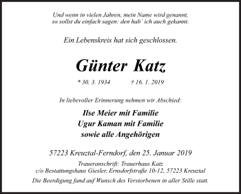 Traueranzeige von Günter Katz von Siegener Zeitung