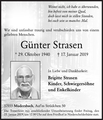 Traueranzeige von Günter Strasen von Siegener Zeitung