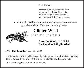 Traueranzeige von Günter Wied von Siegener Zeitung