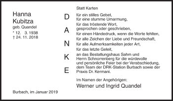 Traueranzeige von Hanna Kubitza von Siegener Zeitung