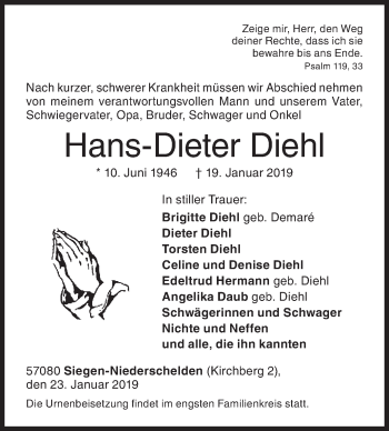 Traueranzeige von Hans-Dieter Diehl von Siegener Zeitung