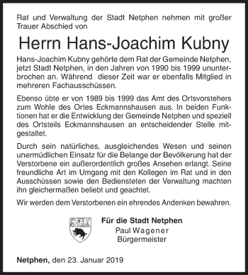 Traueranzeige von Hans-Joachim Kubny von Siegener Zeitung