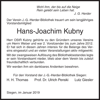 Traueranzeige von Hans-Joachim Kubny von Siegener Zeitung