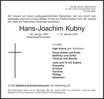 Traueranzeige von Hans-Joachim Kubny von Siegener Zeitung