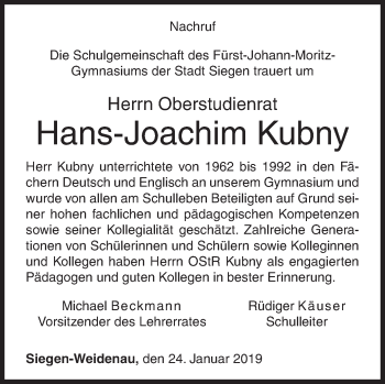 Traueranzeige von Hans-Joachim Kubny von Siegener Zeitung