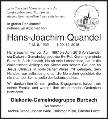 Traueranzeige von Hans-Joachim Quandel von Siegener Zeitung