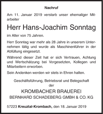 Traueranzeige von Hans-Joachim Sonntag von Siegener Zeitung