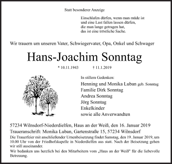 Traueranzeige von Hans-Joachim Sonntag von Siegener Zeitung