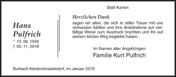 Traueranzeige von Hans Pulfrich von Siegener Zeitung