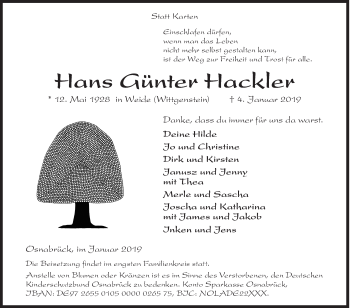 Traueranzeige von Hans Günter Hackler von Siegener Zeitung