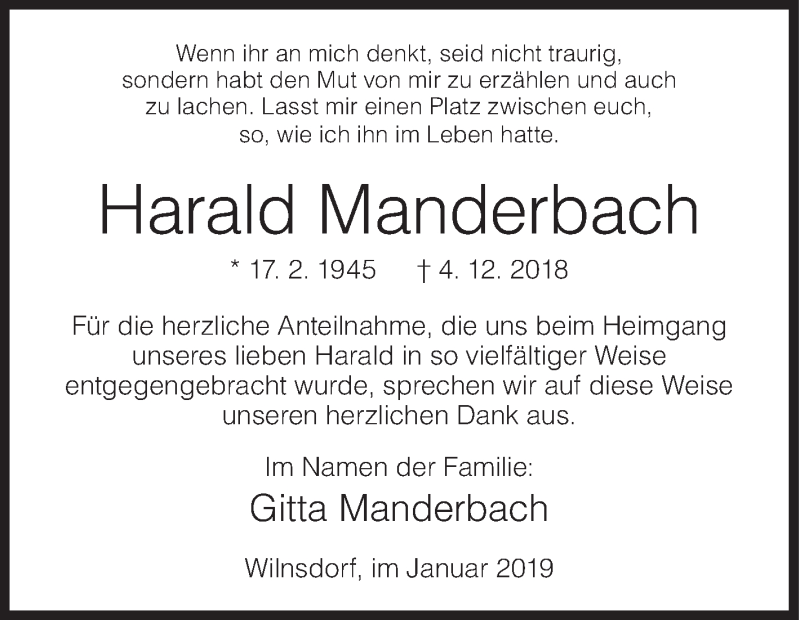  Traueranzeige für Harald Manderbach vom 19.01.2019 aus Siegener Zeitung