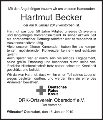 Traueranzeige von Hartmut Becker von Siegener Zeitung