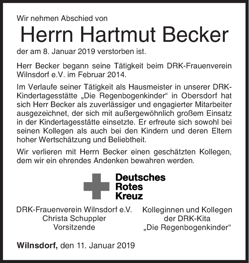  Traueranzeige für Hartmut Becker vom 11.01.2019 aus Siegener Zeitung