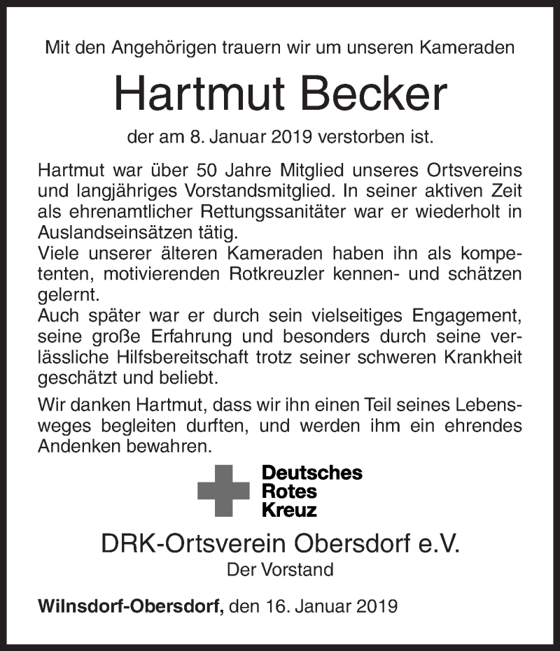  Traueranzeige für Hartmut Becker vom 16.01.2019 aus Siegener Zeitung