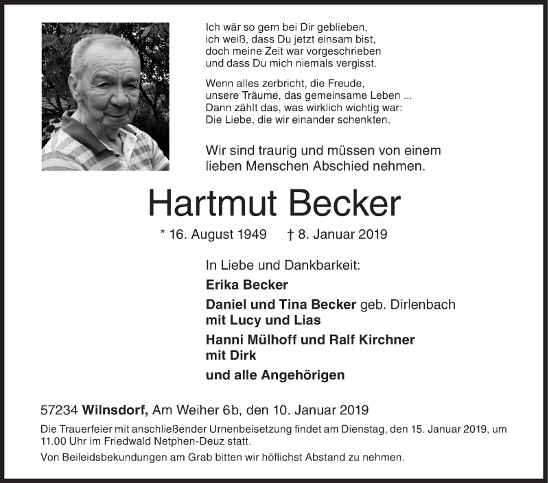  Traueranzeige für Hartmut Becker vom 10.01.2019 aus Siegener Zeitung