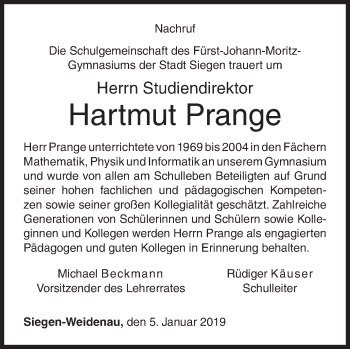 Traueranzeige von Hartmut Prange von Siegener Zeitung