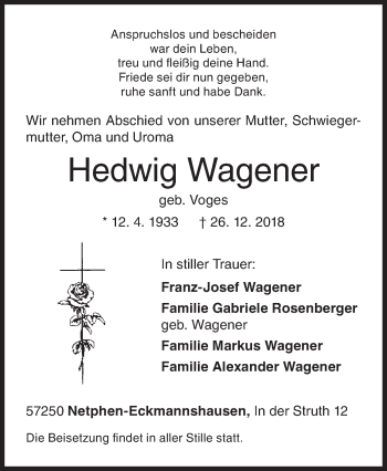 Traueranzeige von Hedwig Wagener von Siegener Zeitung