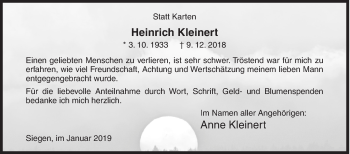 Traueranzeige von Heinrich Kleinert von Siegener Zeitung