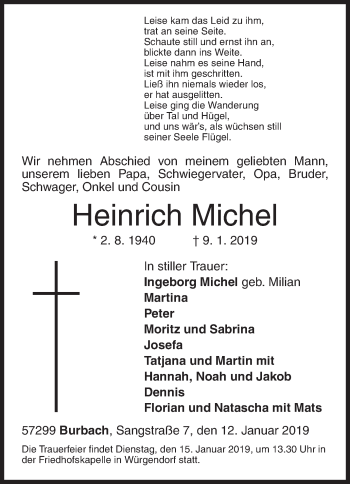 Traueranzeige von Heinrich Michel von Siegener Zeitung