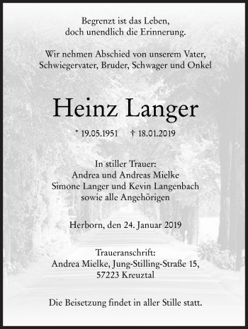 Traueranzeige von Heinz Langer von Siegener Zeitung