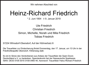 Traueranzeige von Heinz-Richard Friedrich von Siegener Zeitung
