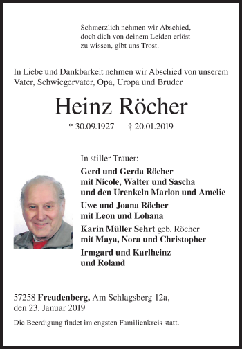 Traueranzeige von Heinz Röcher von Siegener Zeitung