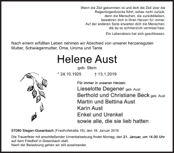 Traueranzeige von Helene Aust von Siegener Zeitung