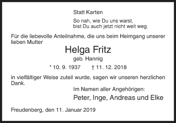 Traueranzeige von Helga Fritz von Siegener Zeitung