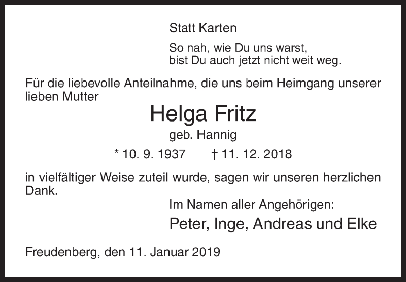  Traueranzeige für Helga Fritz vom 11.01.2019 aus Siegener Zeitung